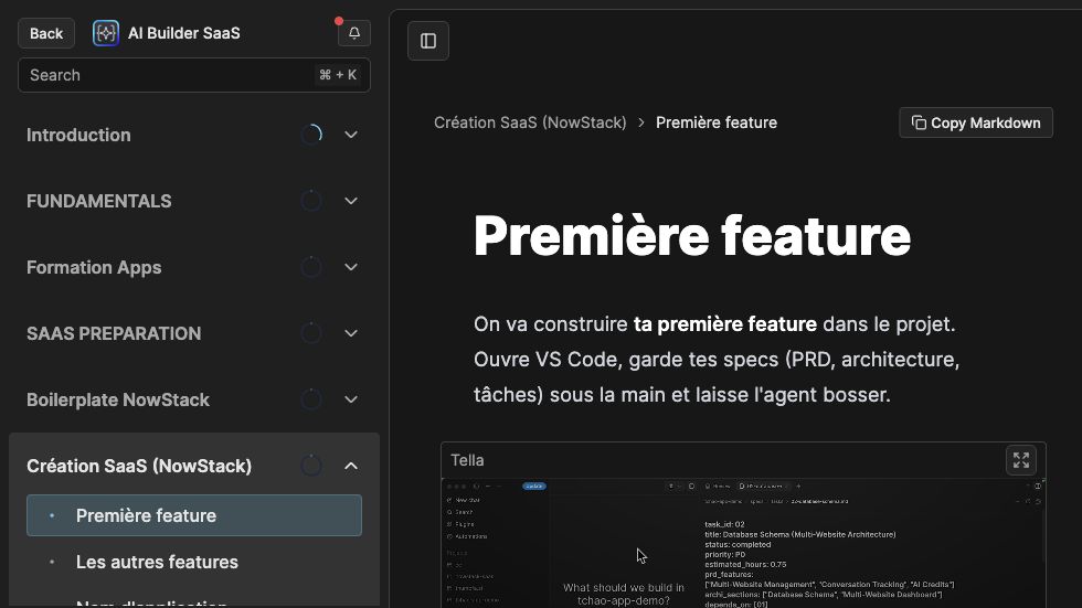Interface membre Codeline de la formation AI Builder SaaS, leçon Première feature