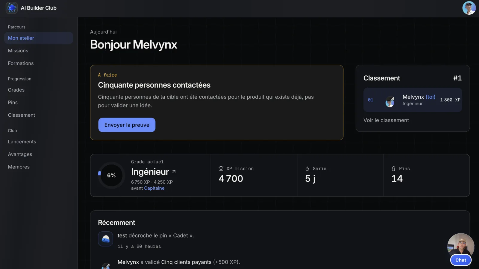 Le dashboard du Club : mission du jour, classement, grade et XP